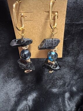 Gold-Tone Black and Black/BlueDrop Earrings with Raw Stone and Bead Accents